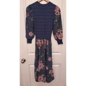 IVEE Chiffon Long Sleeve Knit Bodice Blue Pink Floral Dress XS